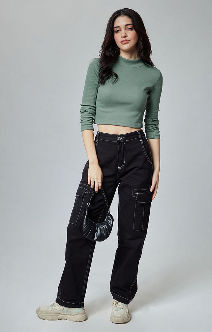 Women's Green Solid Crop Top