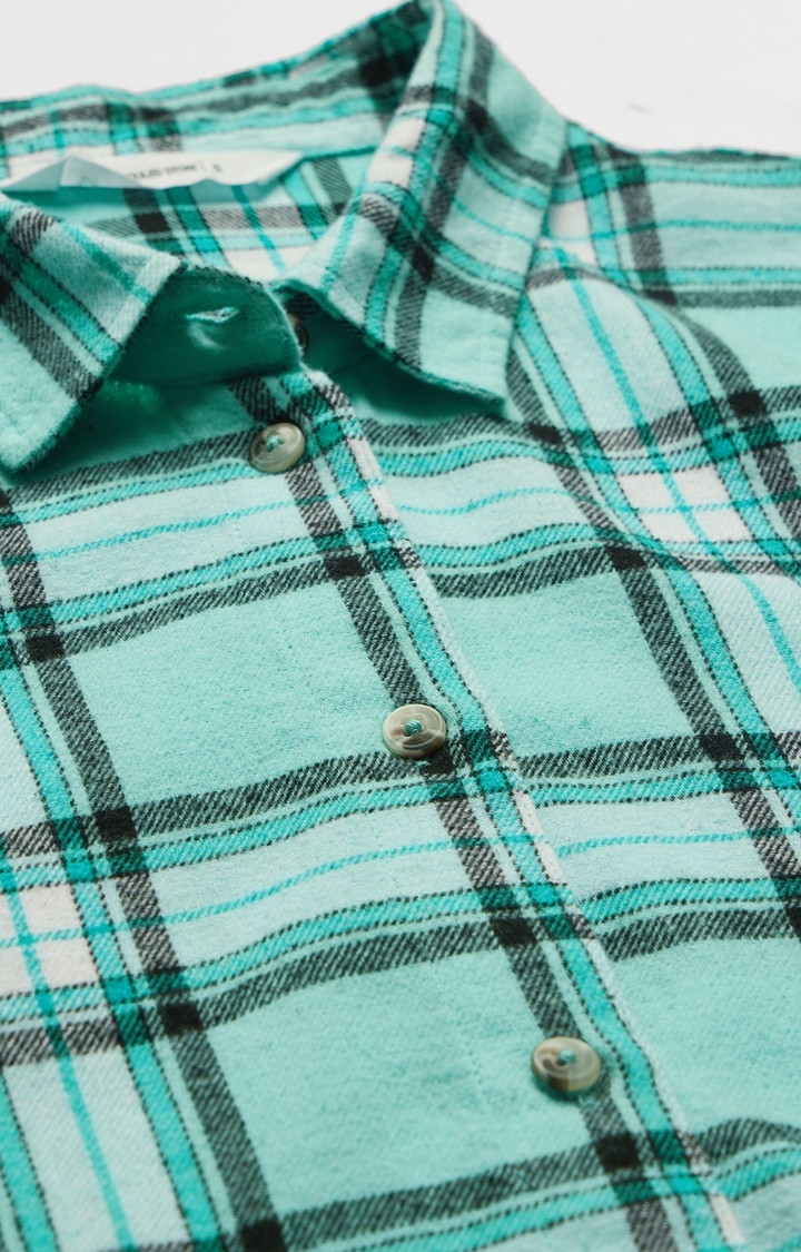 Women's Plaid: Pool Green And White Women's Boxy Fit Shirts