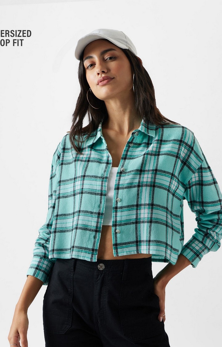 Women's Plaid: Pool Green And White Women's Boxy Fit Shirts