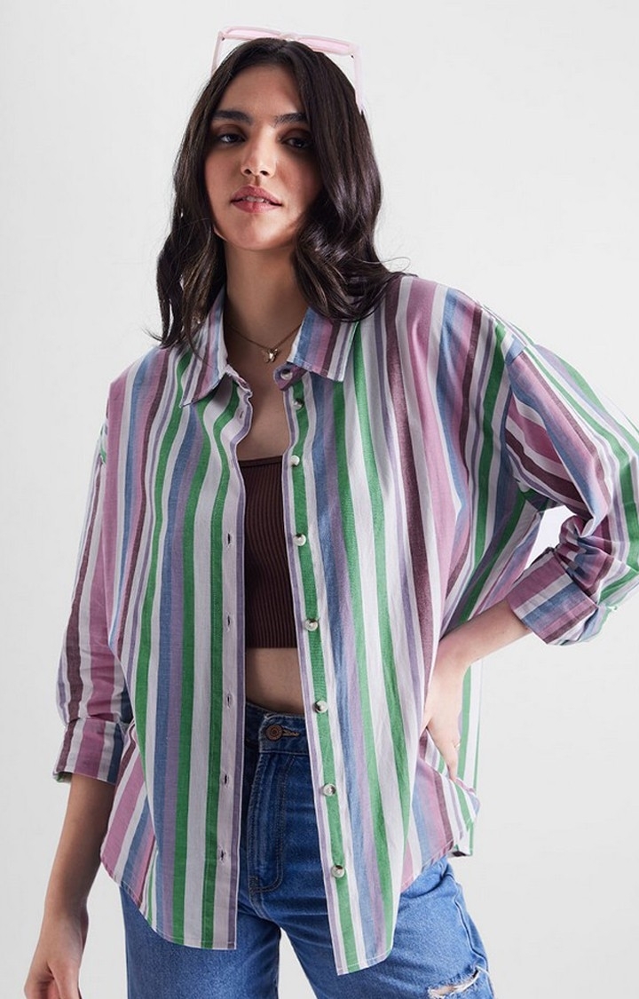 The Souled Store | Women's Stripes: Rainbow Multicolour Striped Oversized Shirt