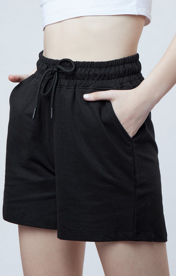 Women's Midnight Black Cotton Solid Shorts