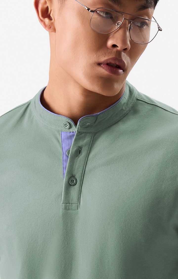 Men's Original Solids Sage Green Mandarin Regular T-Shirts
