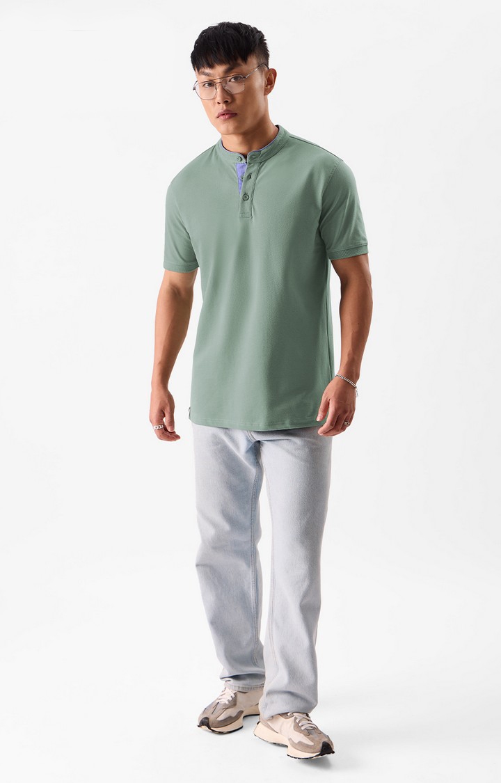 Men's Original Solids Sage Green Mandarin Regular T-Shirts