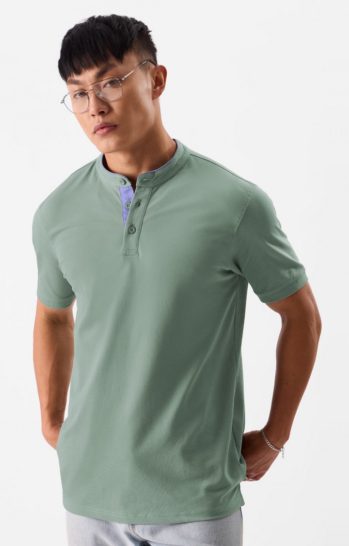 The Souled Store | Men's Original Solids Sage Green Mandarin Regular T-Shirts