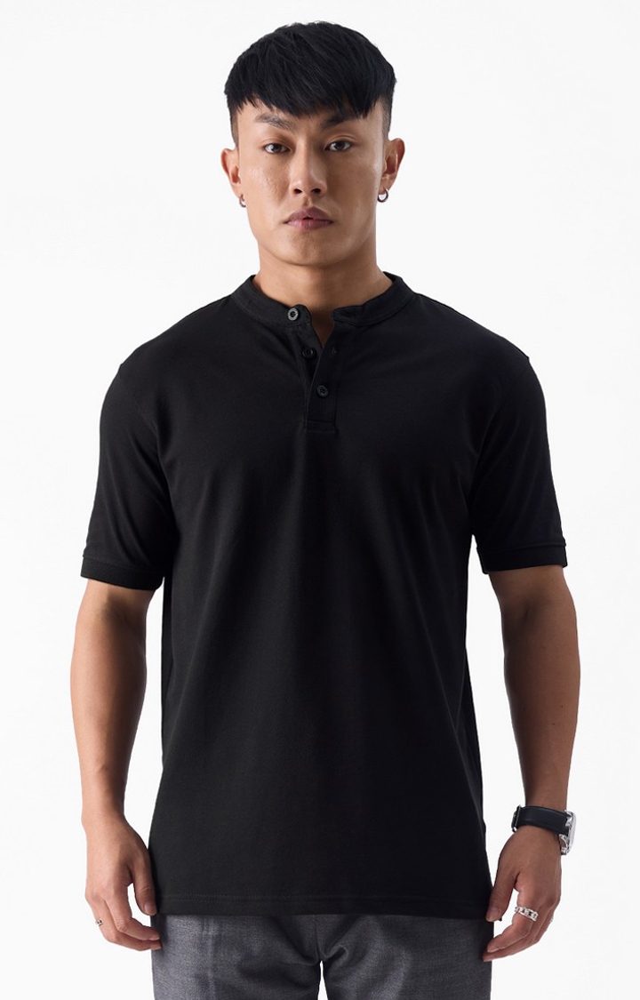 The Souled Store | Men's Original Solids Mystery Black Mandarin Regular T-Shirts