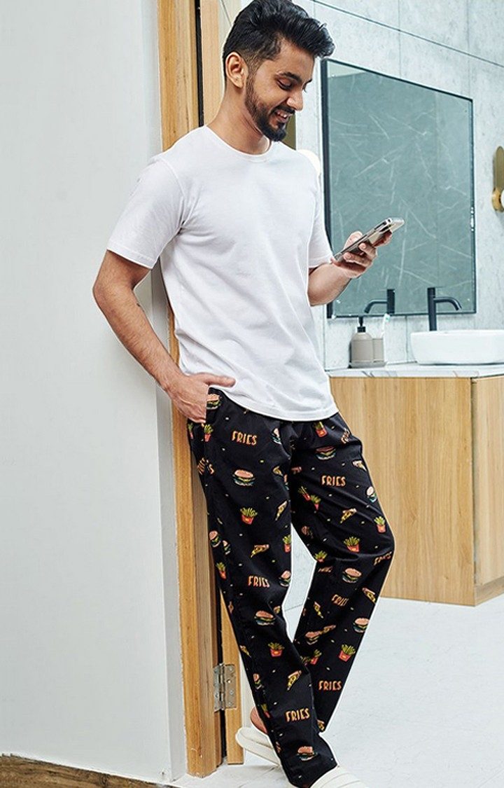Men's Food  Black Cotton Printed Trackpant