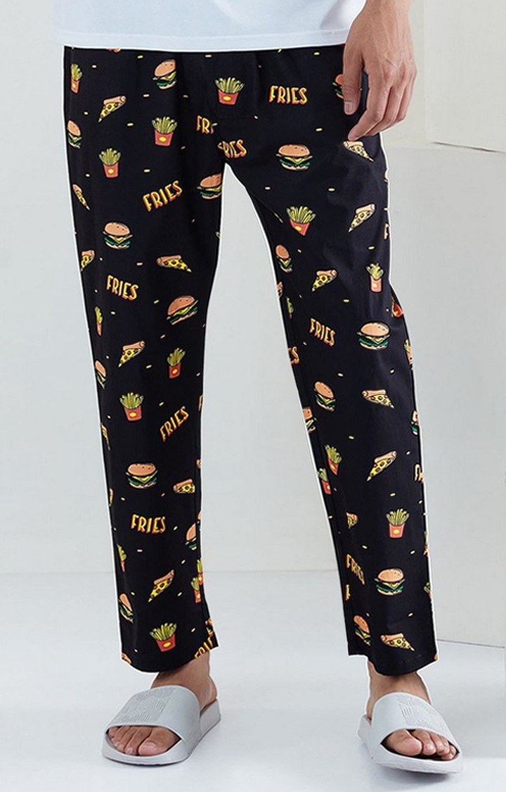 Men's Food  Black Cotton Printed Trackpant