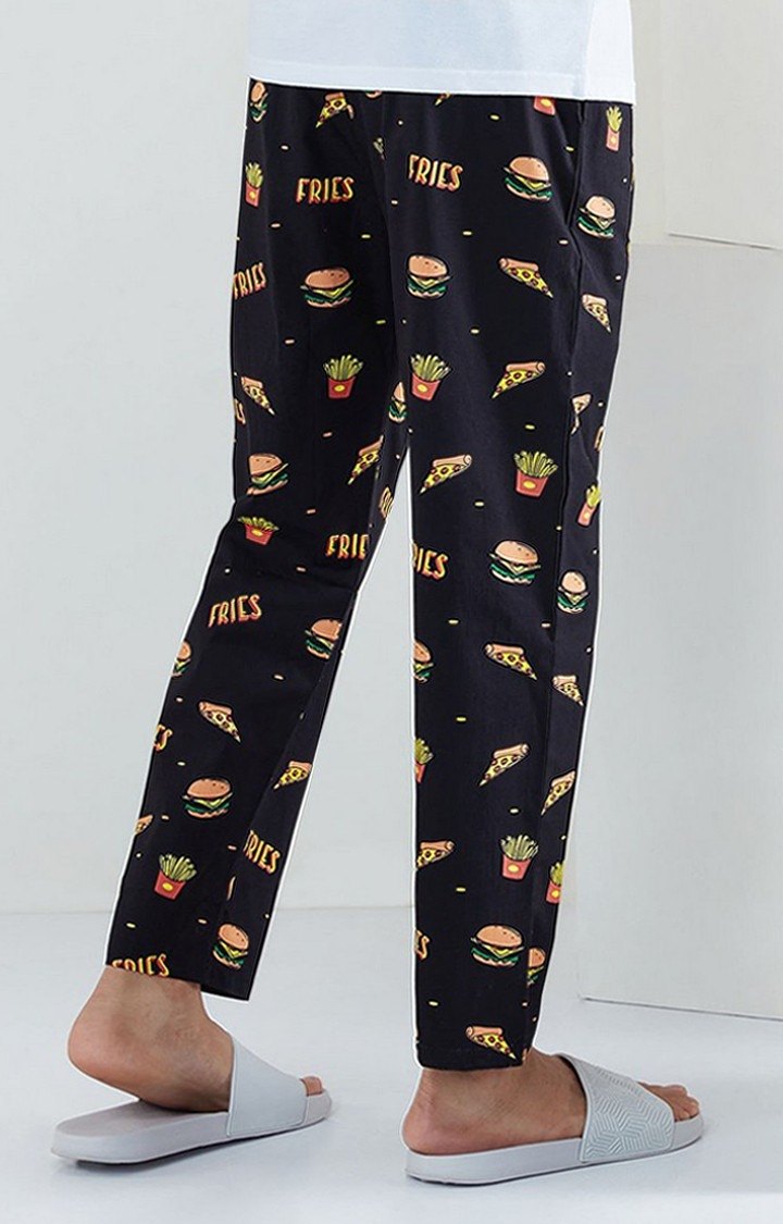 Men's Food  Black Cotton Printed Trackpant