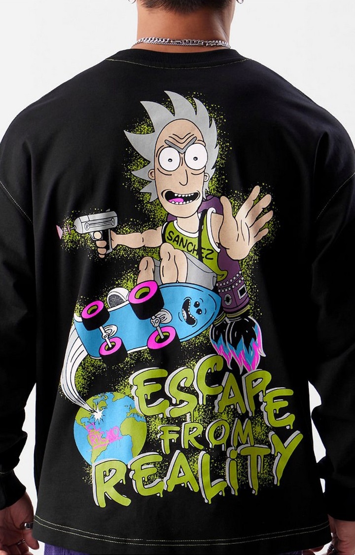 Men's Rick And Morty: Escape Black Printed Oversized T-Shirt