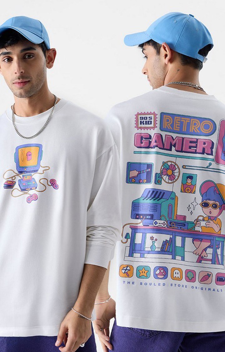 Men's TSS Originals: Retro Gamer White Printed Oversized T-Shirt