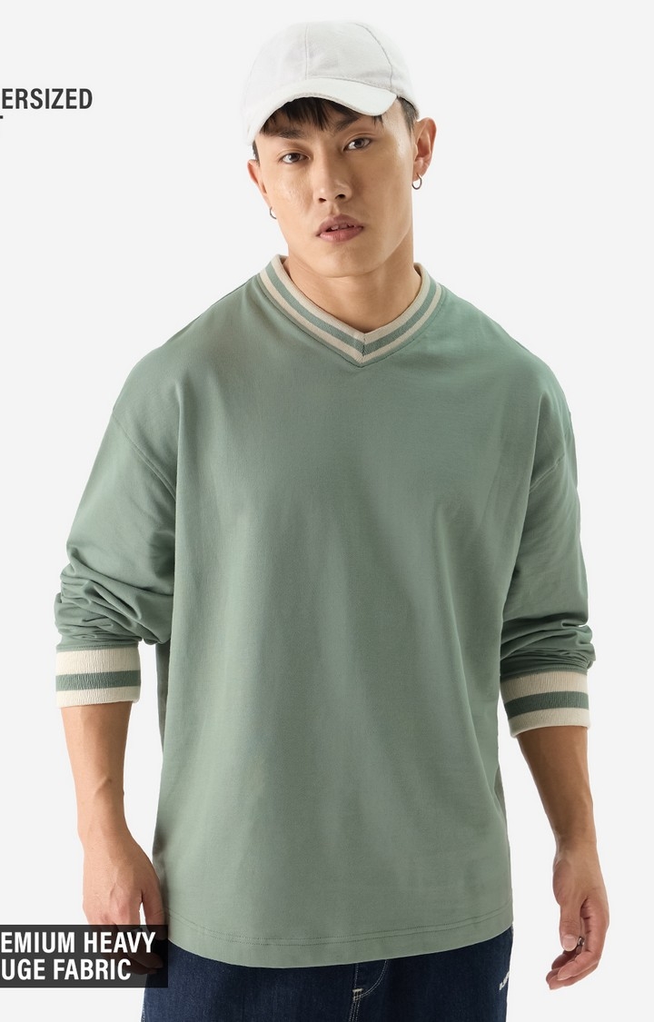 The Souled Store | Men's Solids: Sage Green Oversized Full Sleeve T-Shirt