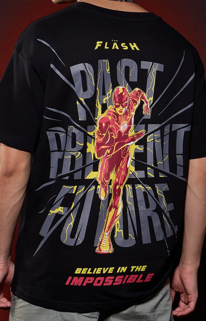 Men's The Flash: Through Time Black Printed Oversized T-Shirt