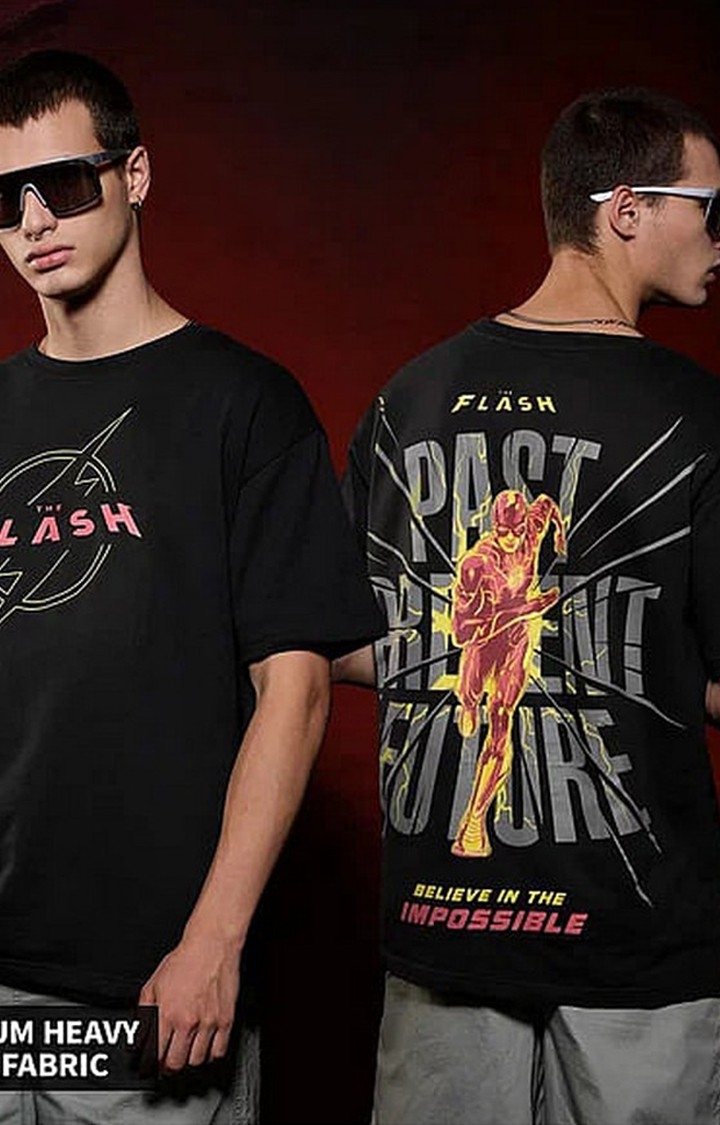 Men's The Flash: Through Time Black Printed Oversized T-Shirt