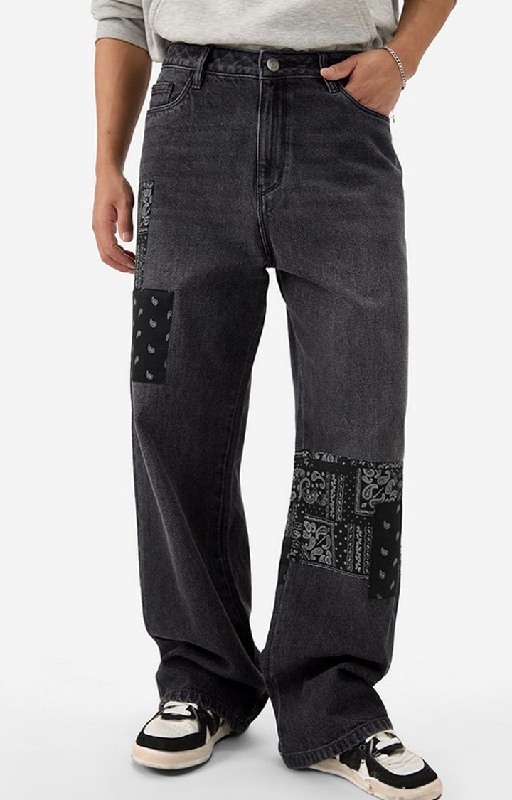 Men's Grey Cotton Printed Straight Jeans