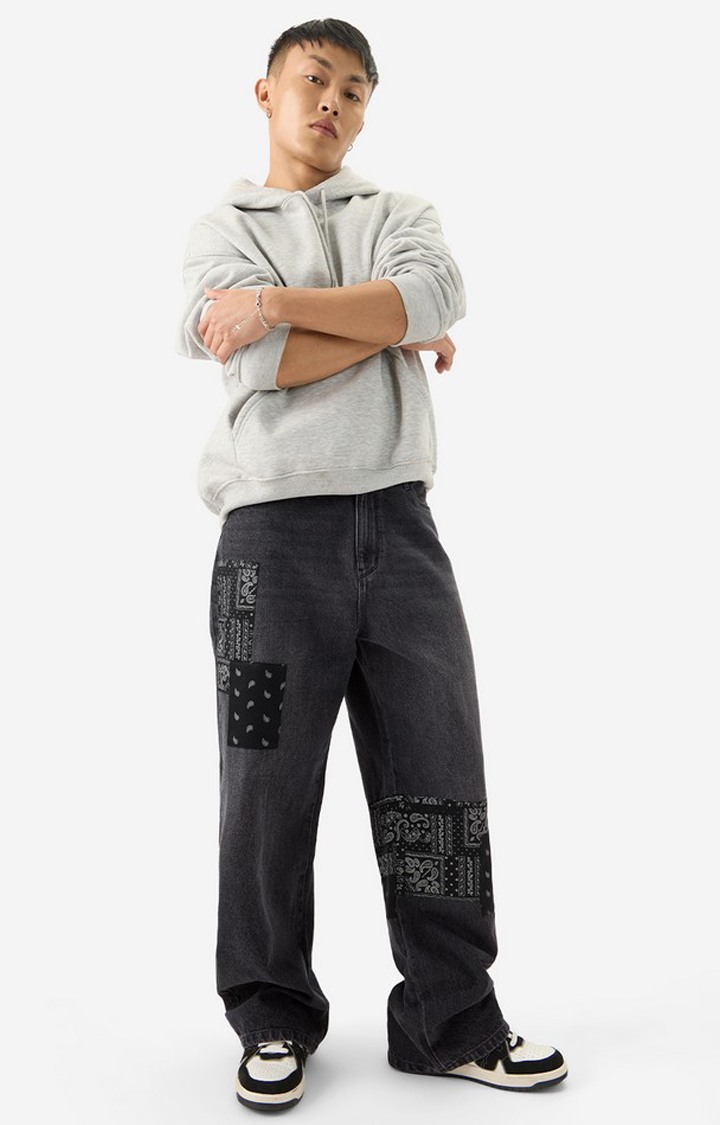 Men's Grey Cotton Printed Straight Jeans