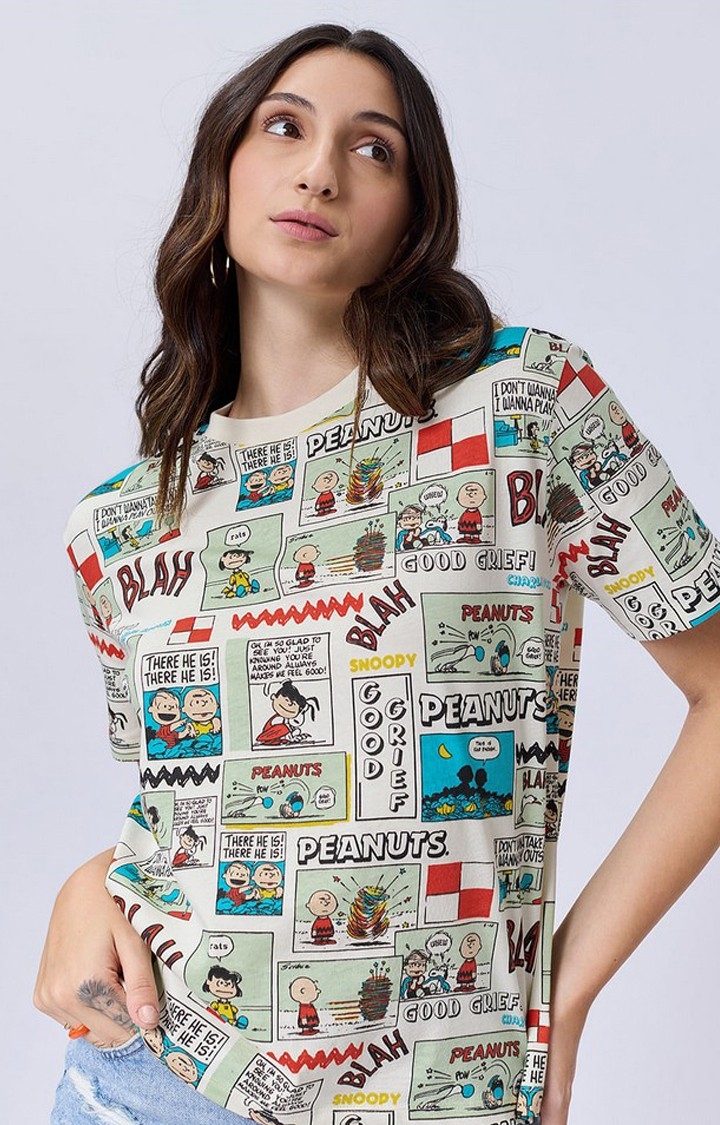 The Souled Store | Women's Peanuts: Old School Multicolour Printed Regular T-Shirt