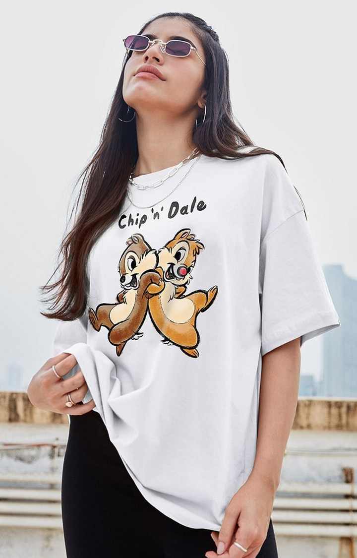 Women s Disney Chip N Dale White Printed Oversized T Shirt