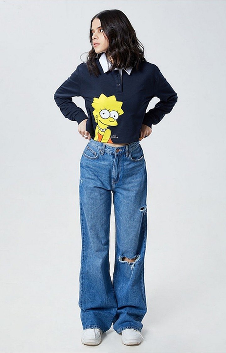 Women's The Simpsons: Miss Lisa Simpson Blue Printed Crop T-Shirt