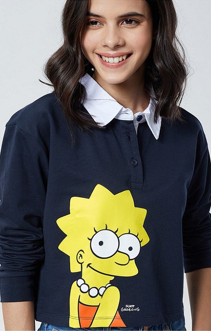 Women's The Simpsons: Miss Lisa Simpson Blue Printed Crop T-Shirt