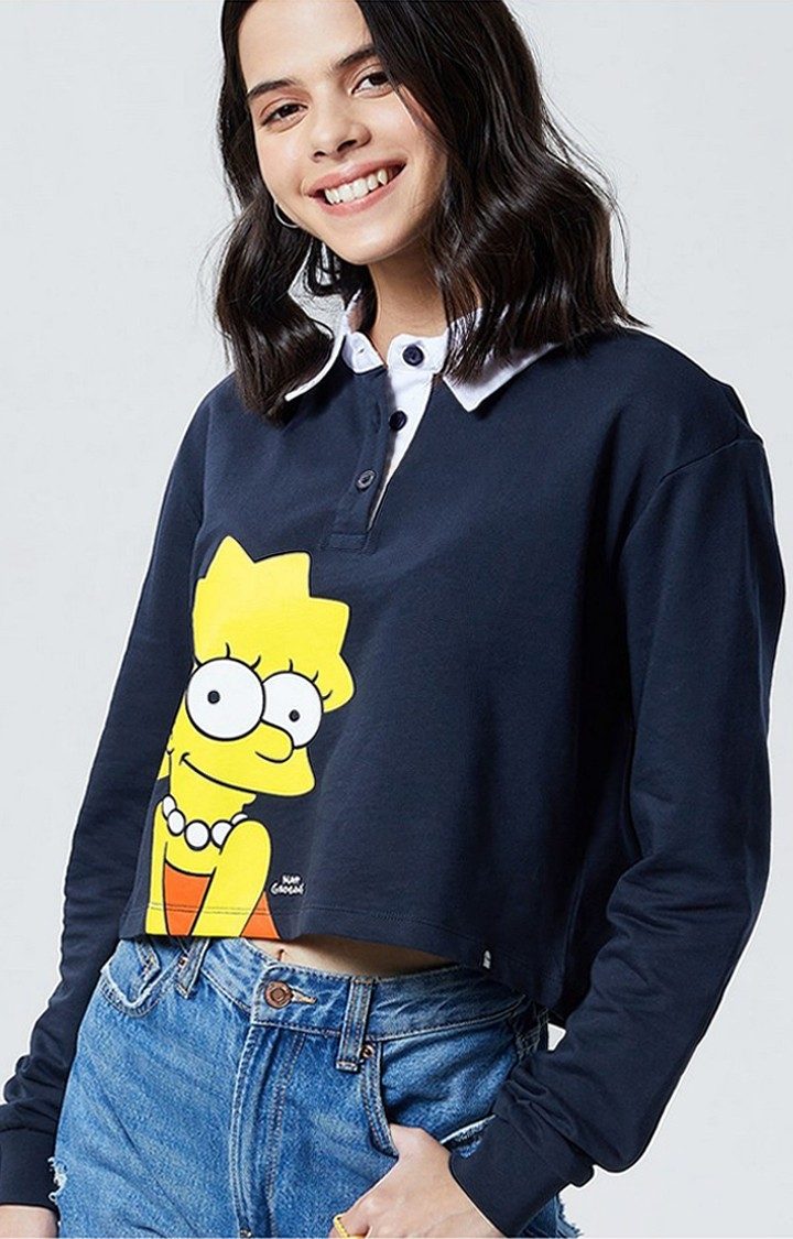 Women's The Simpsons: Miss Lisa Simpson Blue Printed Crop T-Shirt