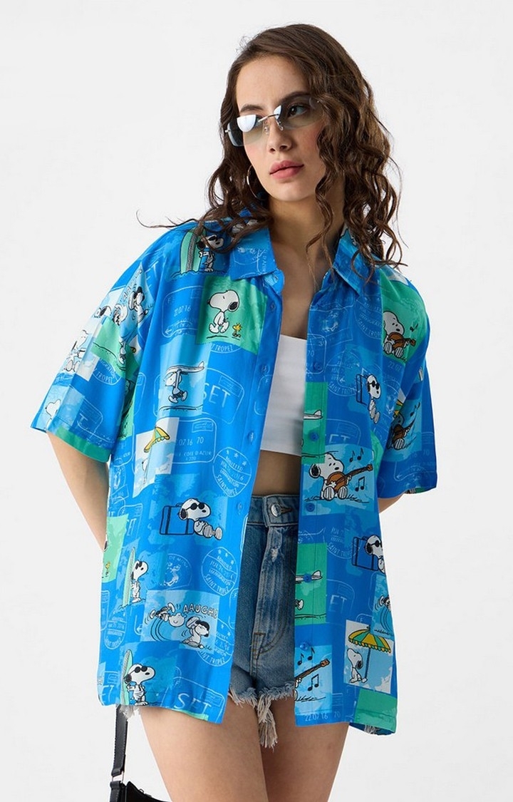 Women's Peanuts: Beach Day Blue Printed Oversized Shirt