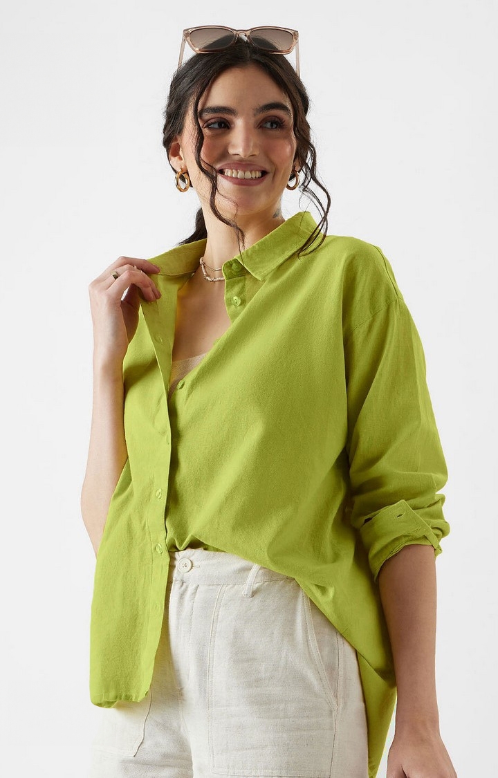 Women's Cotton Linen: Canary Green Women's Boyfriend Shirts