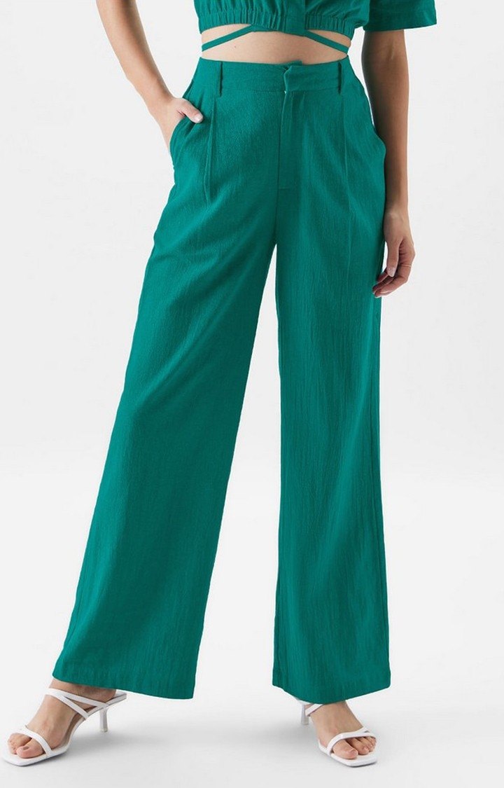 Women's  Green Cotton Solid Trouser