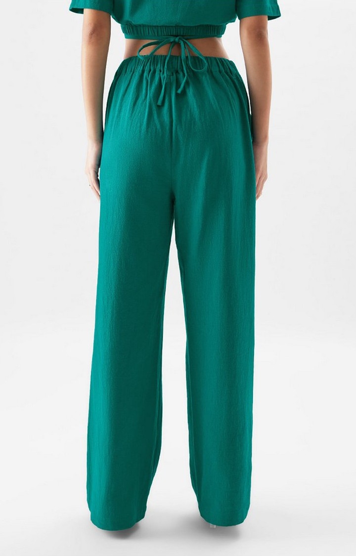 Women's  Green Cotton Solid Trouser