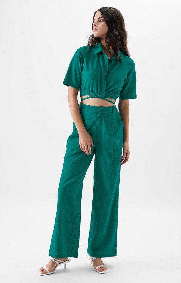Women's  Green Cotton Solid Trouser