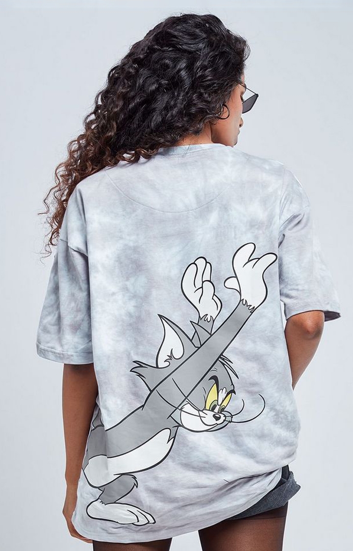 Women's Tom & Jerry: The Chase Grey Printed Oversized T-Shirt