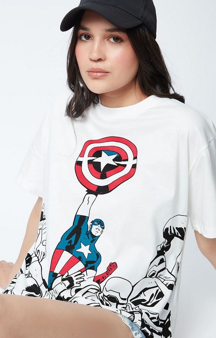Women's Captain America: The Shield White Printed Oversized T-Shirt