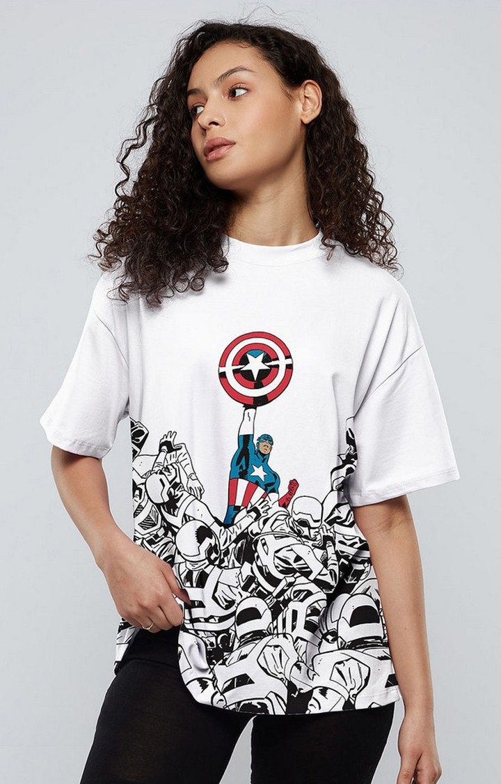 The Souled Store | Women's Captain America: The Shield White Printed Oversized T-Shirt