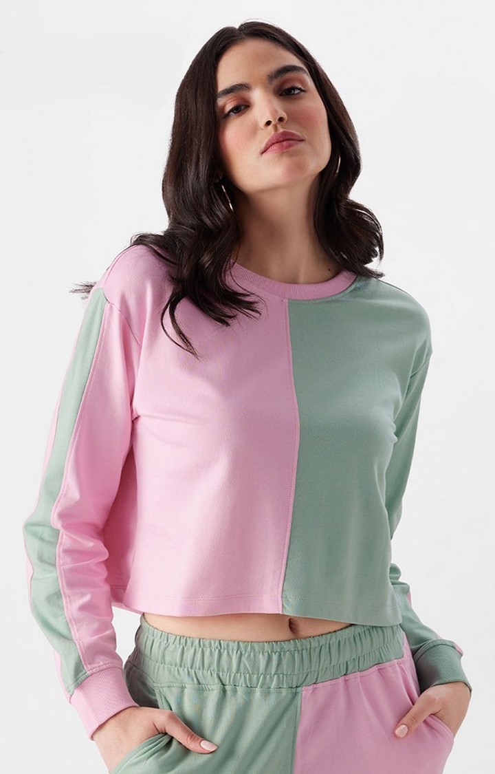 Women's Pink & Green Colourblock Crop Top