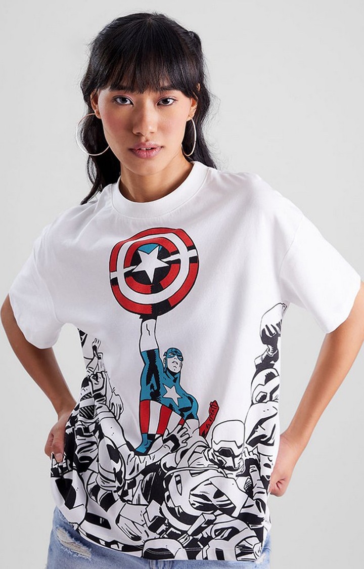 Women's Captain America: The Shield White Printed Oversized T-Shirt