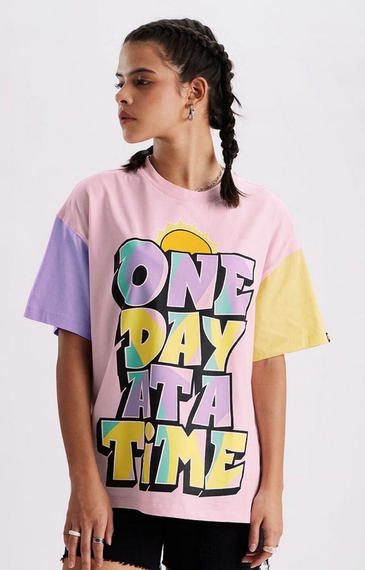 The Souled Store | Women's TSS Originals: One Day At A Time Pink Typographic Printed Oversized T-Shirt