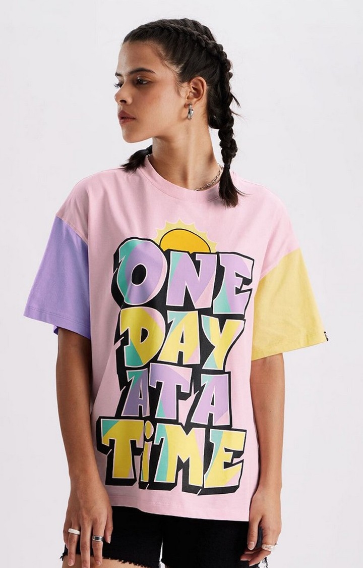 Women's TSS Originals: One Day At A Time Pink Typographic Printed Oversized T-Shirt