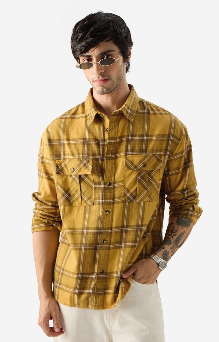 Men's Plaid: Mustard, Black And White Men's Relaxed Shirts