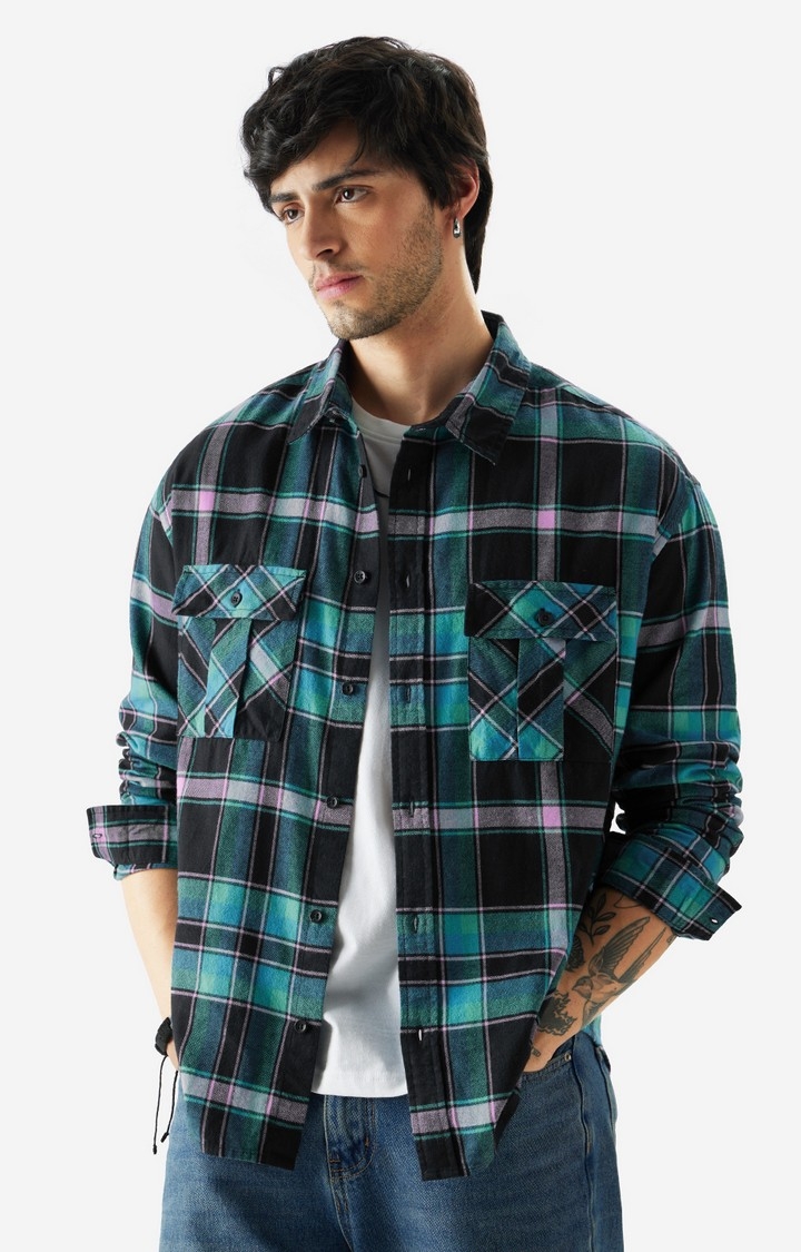 Men's Plaid: Violet, Black And White Men's Relaxed Shirts