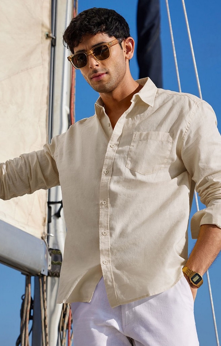 Men's Cotton Linen: Beige Cotton Linen Shirts