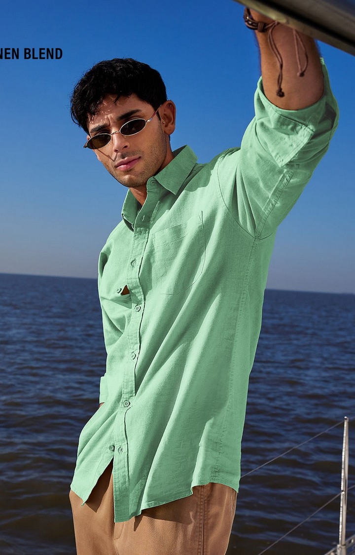 The Souled Store | Men's Cotton Linen: Green Cotton Linen Shirts