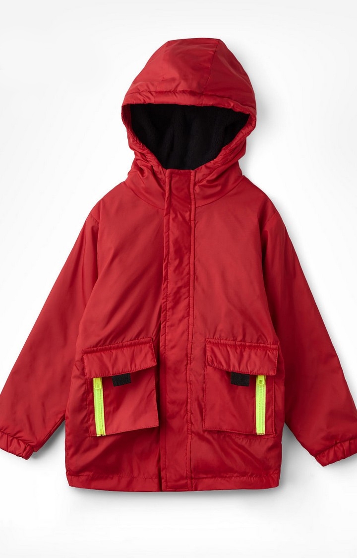 The Souled Store | Boys Solids: Deep Red Boys Cotton Hooded Utility Jackets