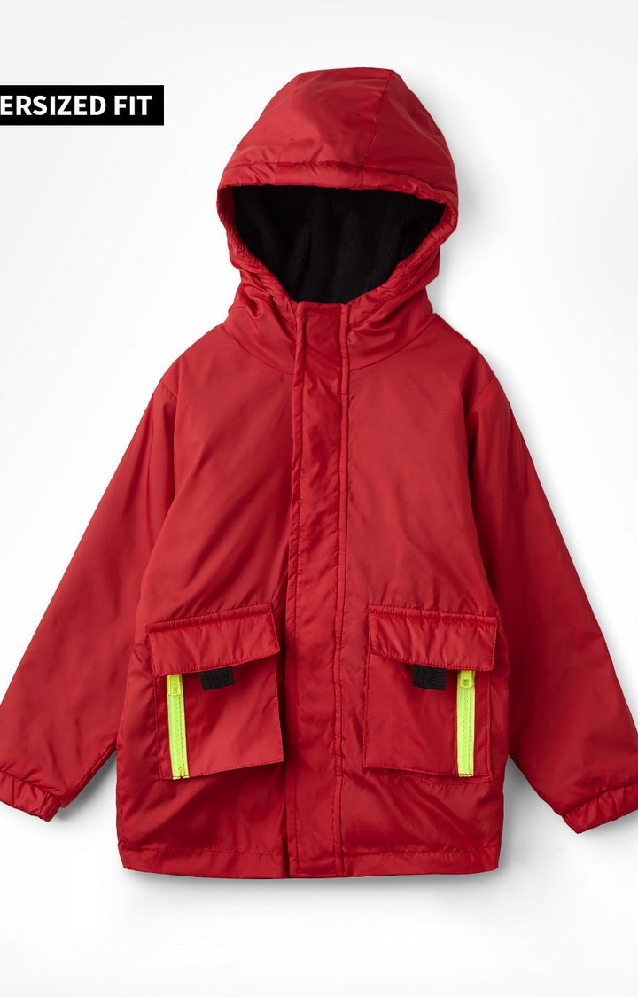 Boys Solids: Deep Red Boys Cotton Hooded Utility Jackets