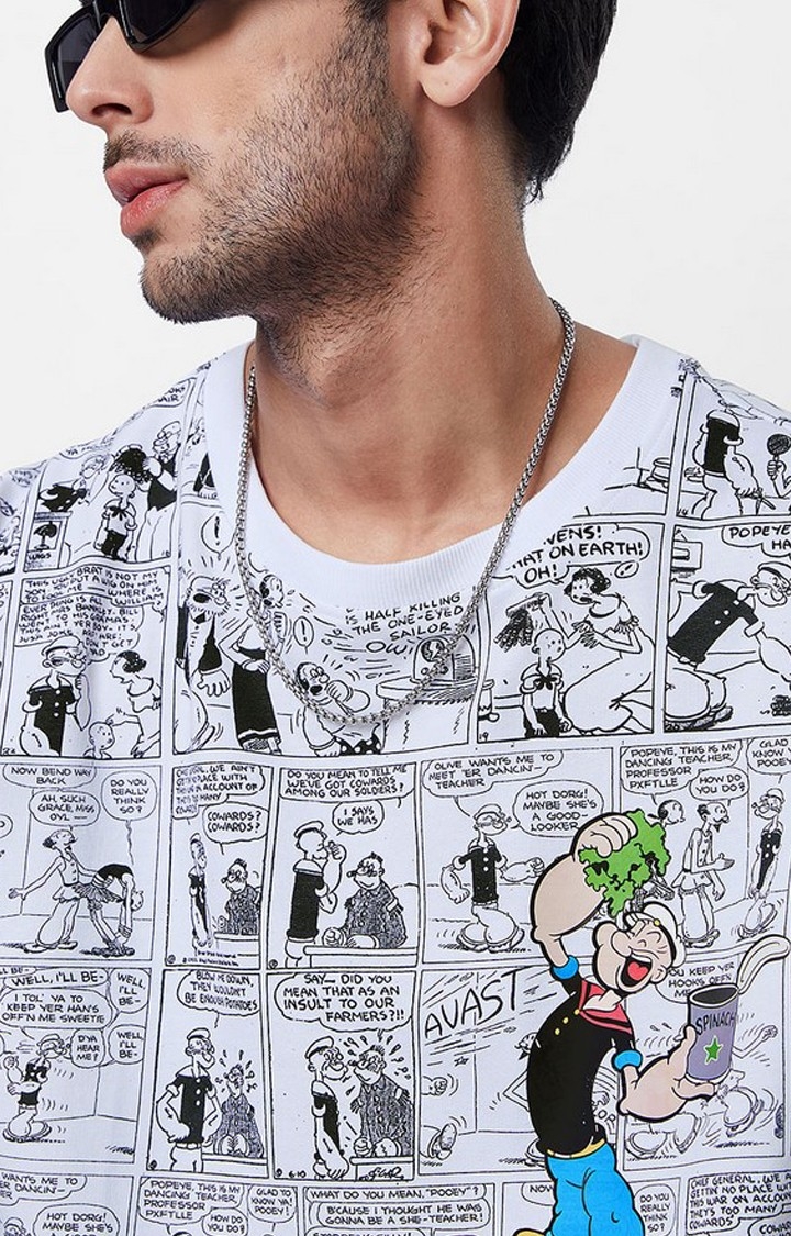 Men's Popeye: Comic White Printed Oversized T-Shirt