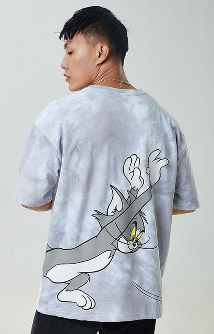 Men's Tom & Jerry: The Chase Grey Printed Oversized T-Shirt