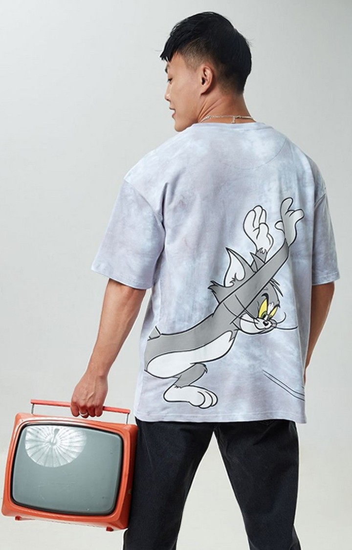 Men's Tom & Jerry: The Chase Grey Printed Oversized T-Shirt