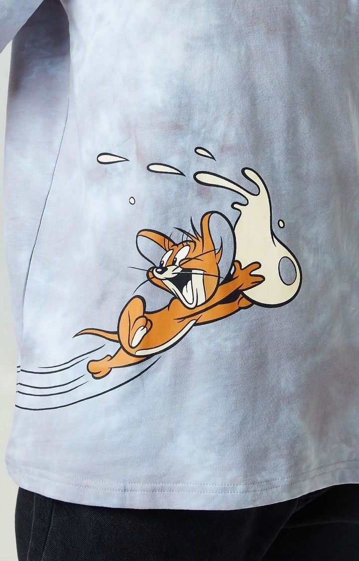 Men's Tom & Jerry: The Chase Grey Printed Oversized T-Shirt