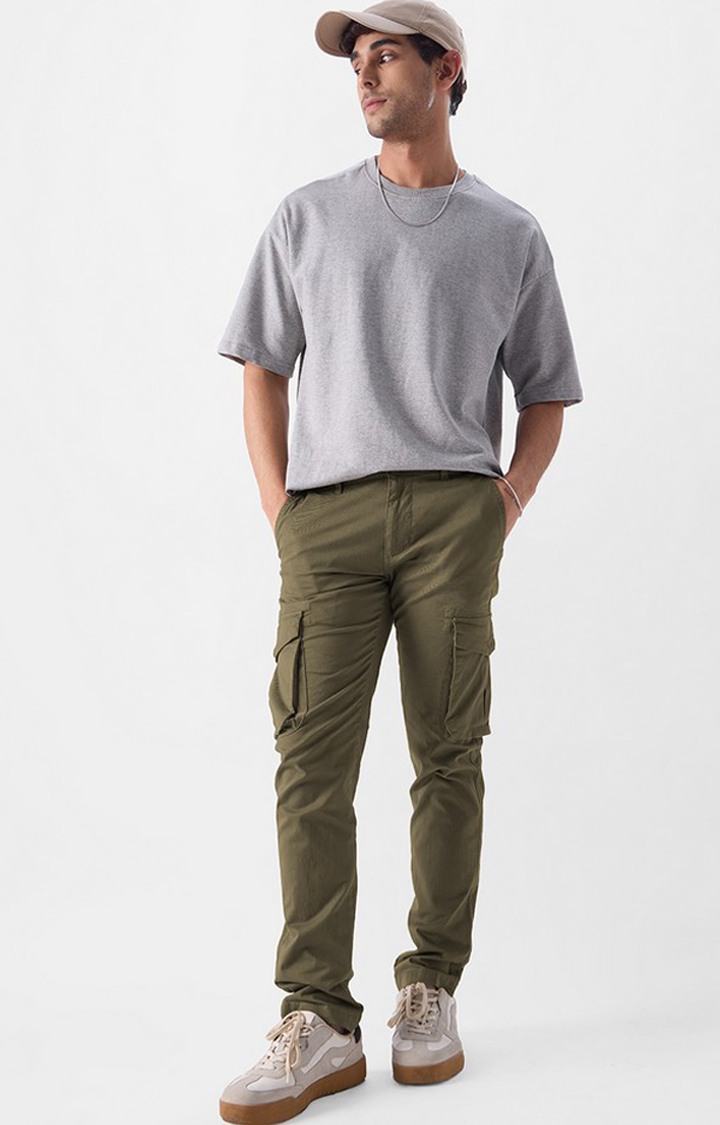 Men's Light Olive Cotton Solid Cargos