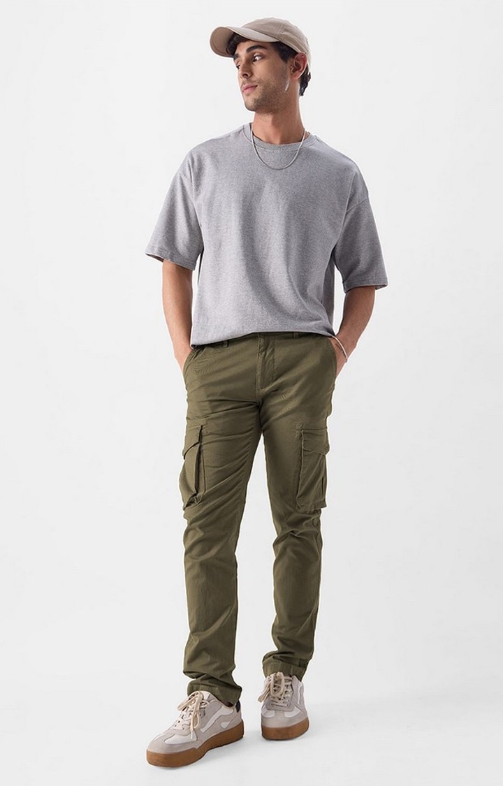 The Souled Store | Men's  Olive green Cotton Solid Cargo