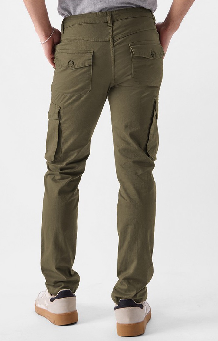 Men's Light Olive Cotton Solid Cargos