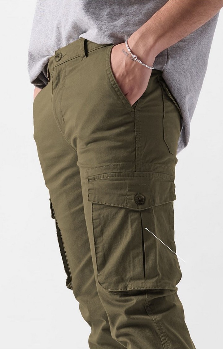 Men's  Olive green Cotton Solid Cargo